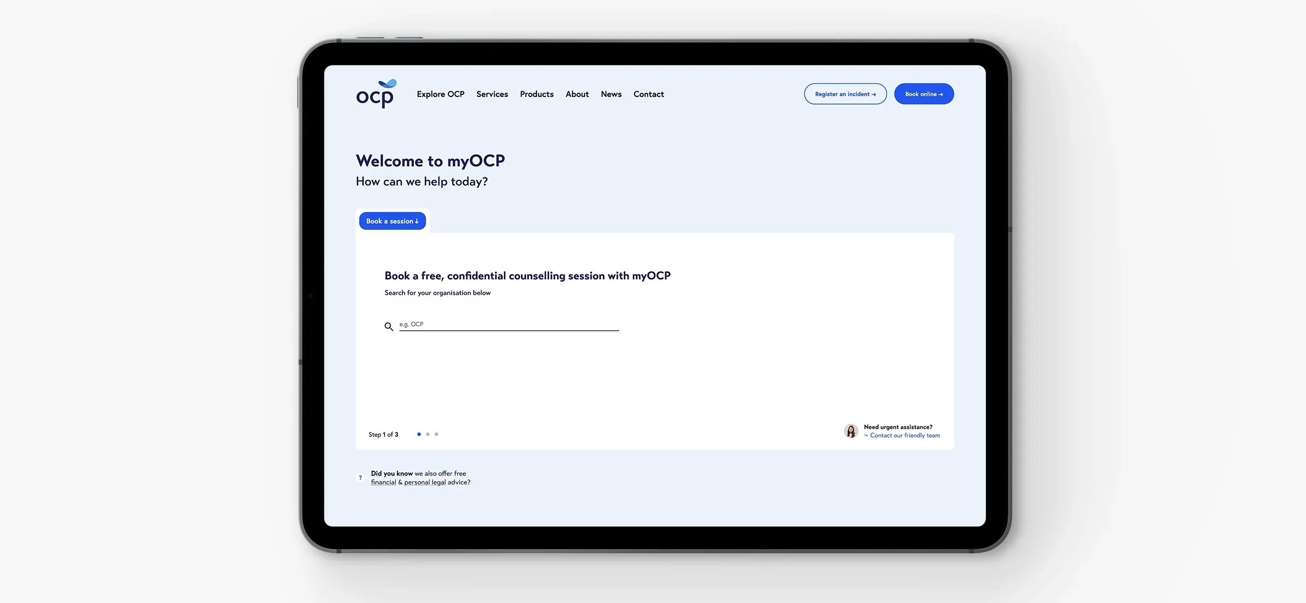 The myOCP booking flow on a tablet at step one of three, searching for an organisation in order to book a confidential counselling session.