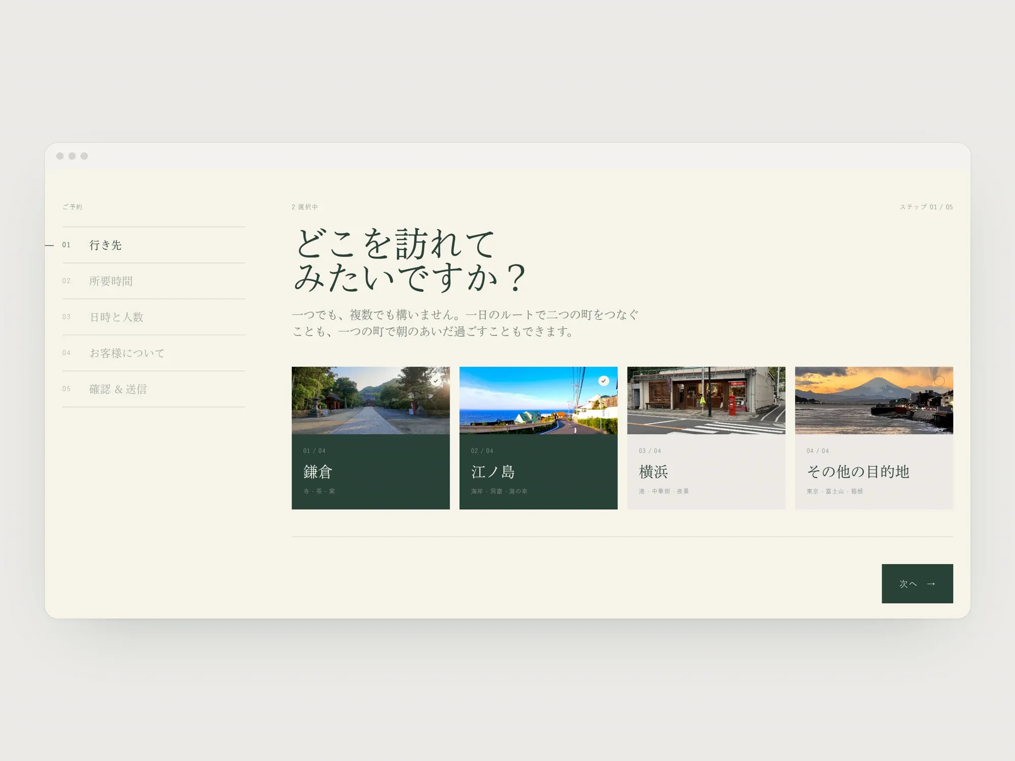 The Zenrise booking flow, step 1: choosing a destination from Kamakura, Enoshima, Yokohama or elsewhere. Plays as an animation through all four steps.